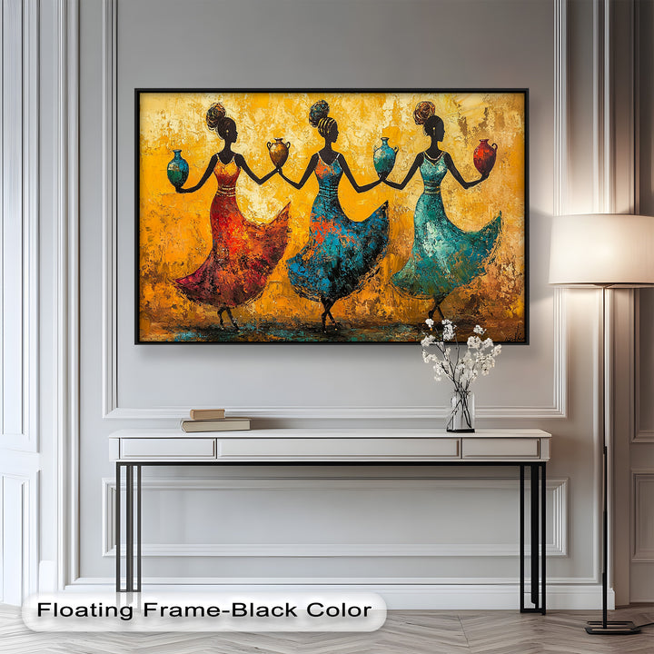 Farbenfrohe afrikanische Frauenkunst – Gerahmtes Ölgemälde