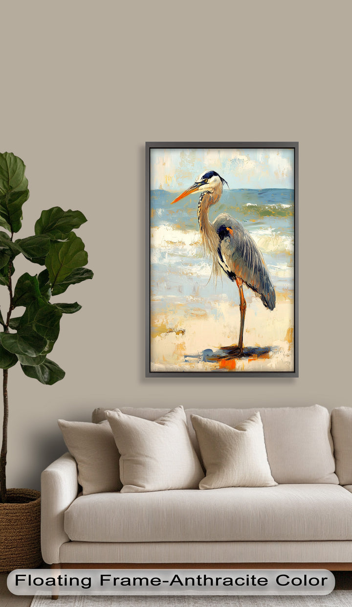 Elegant Heron Standing on Shoreline – Framed Oil Painting