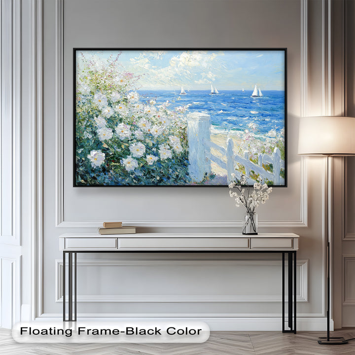White Rose Garden with Sailboats – Impressionist Oil Painting