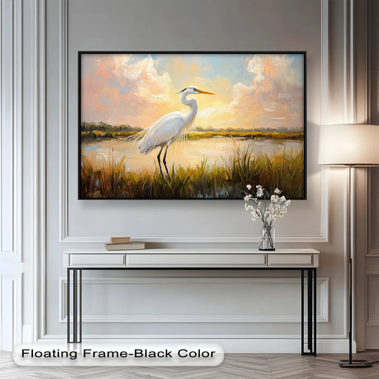 Standing gracefully, the central subject of the white egret in this oil painting wall art is bathed in the warm glow of the sunset, creating a tranquil scene.