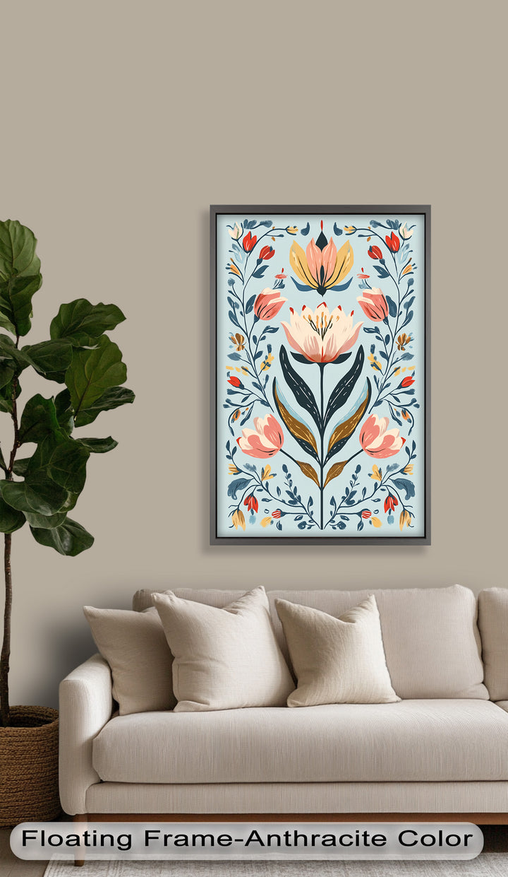 Folk-inspirierte Tulpenharmonie – Boho-Blumenölgemälde