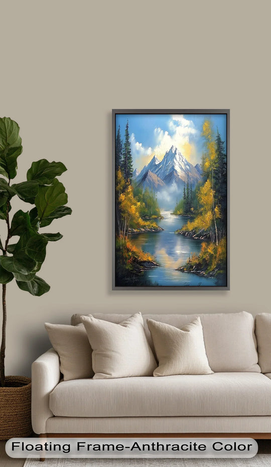 High color saturation enhances this oil painting artwork of a 'River and Snowy Mountain Landscape' with vibrant, gleaming trees and shimmering water reflections.