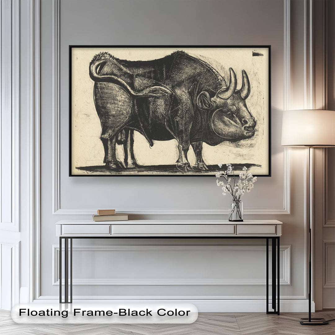 Expressive Bull Figure with Bold Linework – Figurative Oil Painting