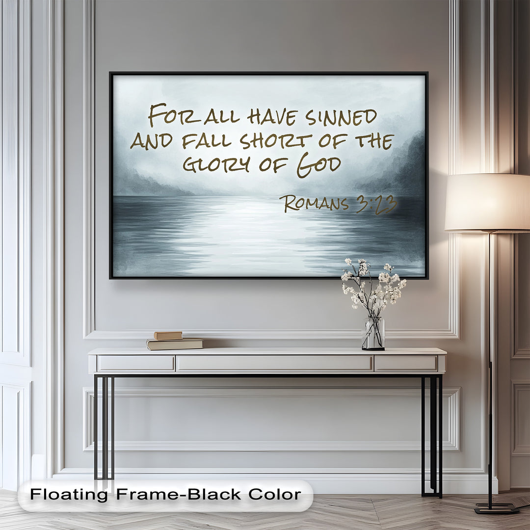 Minimalist lake painting with Romans 3:23 about sin and God's glory.
