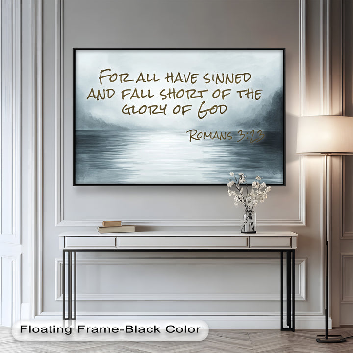 Minimalist lake painting with Romans 3:23 about sin and God's glory.
