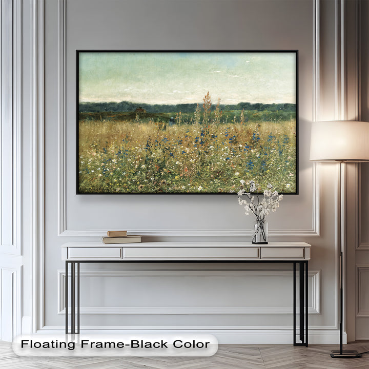 A classic impressionist countryside painting with earthy tones, subtle brushstrokes, and a dreamy depiction of rural life among the wild meadows.