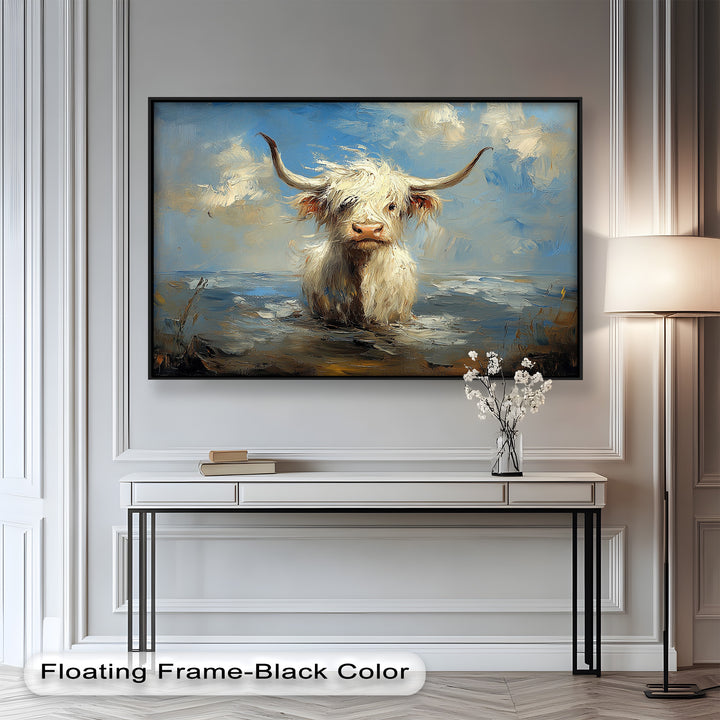 Highland Cow in Coastal Waters – Animal Oil Painting