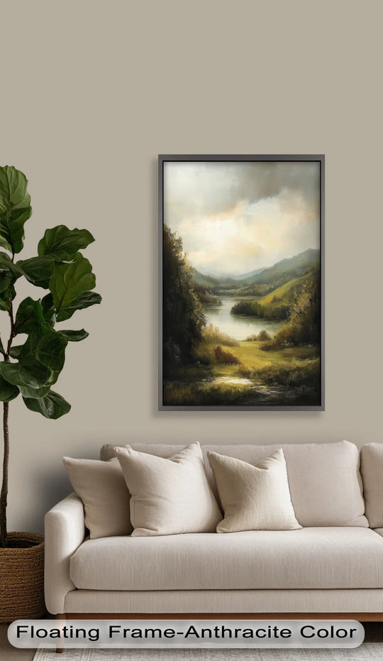 The stillness of the valley is captured in this Hudson River style oil painting reproduction print, where placid water reflects the soft sky above the verdant hills.