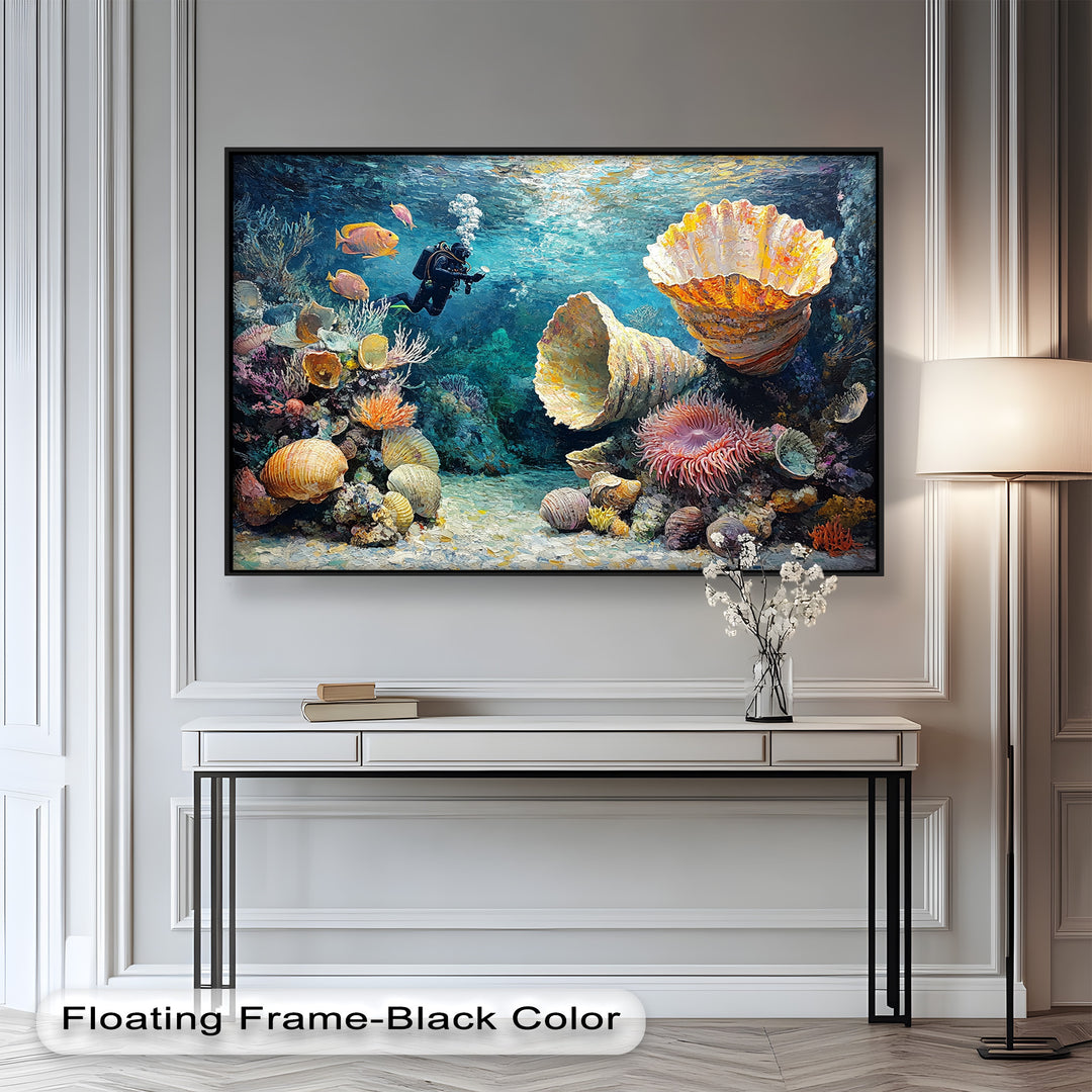 Diver Exploring Coral Reefs with Giant Shells - Animal Oil Painting