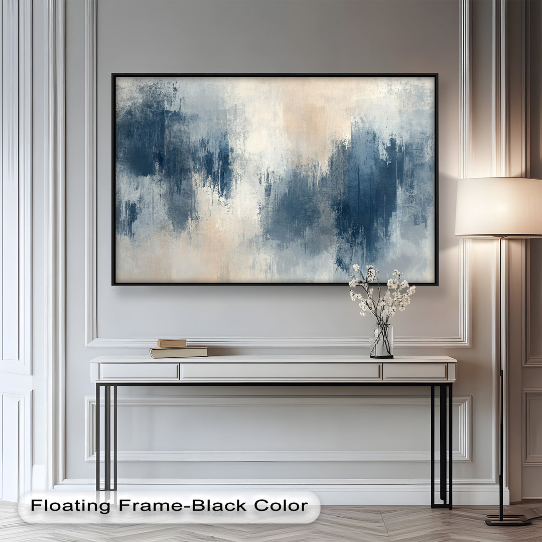 Echoes in Mist – Stimmungsvolles abstraktes Ölgemälde in Blau und Beige