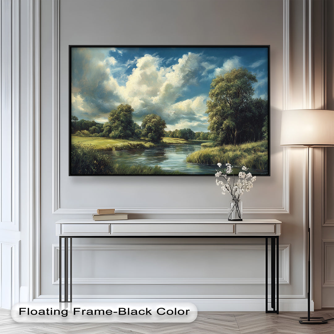 Lush river landscape painting with vibrant trees and open sky.
