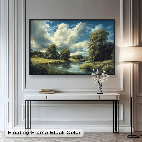 Serene, framed river landscape oil painting evokes a peaceful mood, with its masterful use of light and shadow, a beautiful addition to your oil painting wall art.