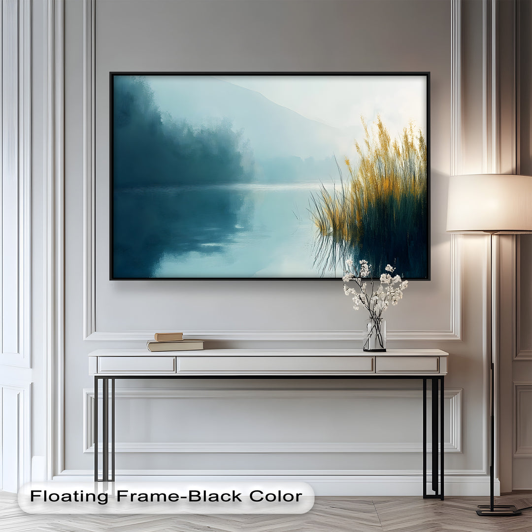 A tranquil lakeside scene emerges in soft blues and golden hues, where misty hills fade into the distance, and delicate reeds sway gently along the water’s edge.

