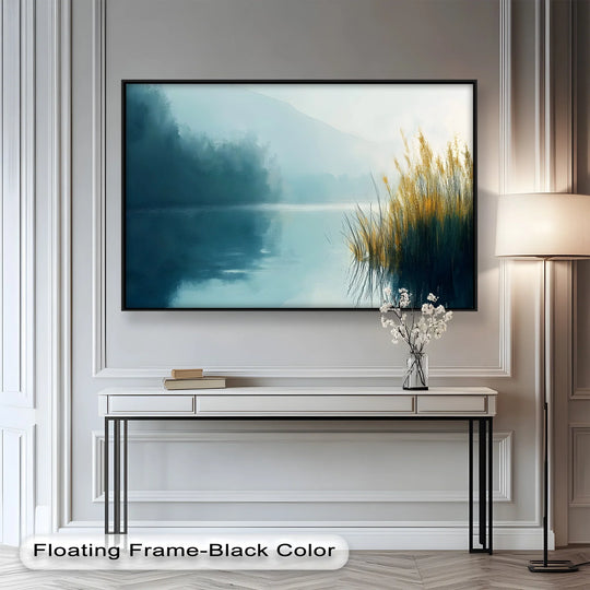 Low color saturation enhances the tranquil misty morning landscape in this oil painting reproduction print, depicting calm waters and golden reeds.