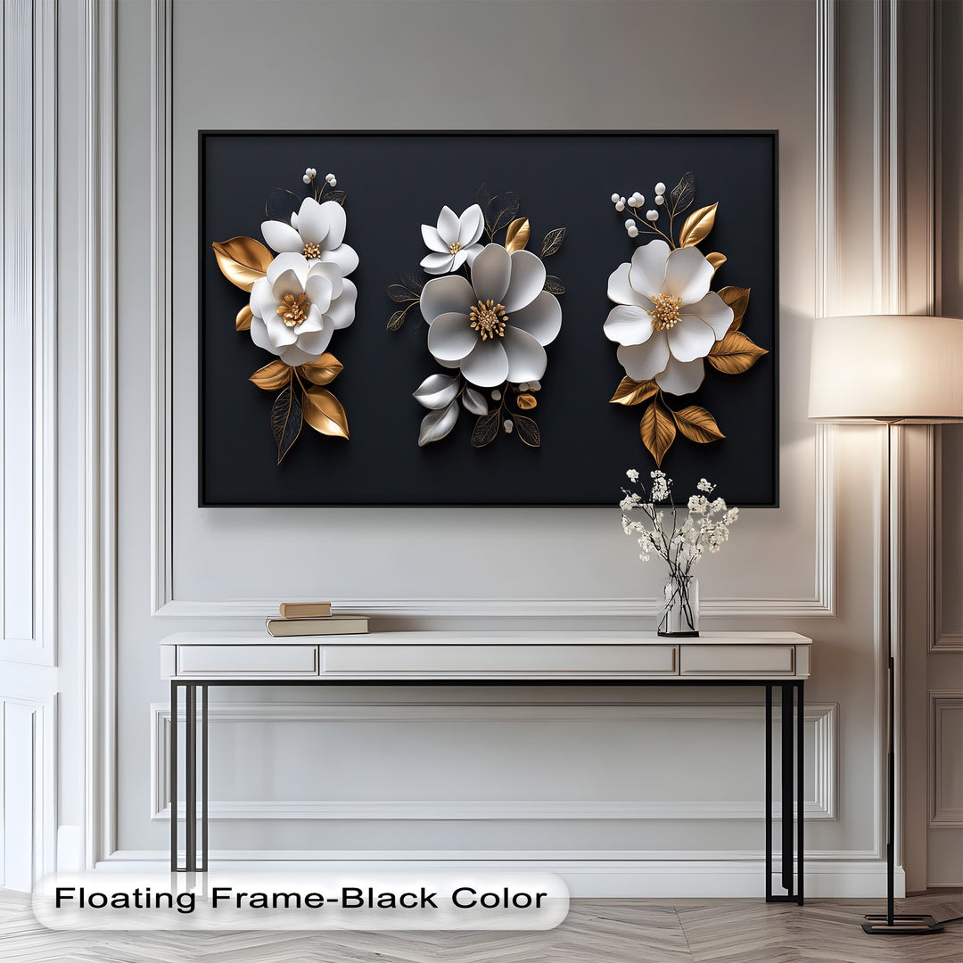 Elegantes Blumentrio – Modernes Ölgemälde in Weiß und Gold
