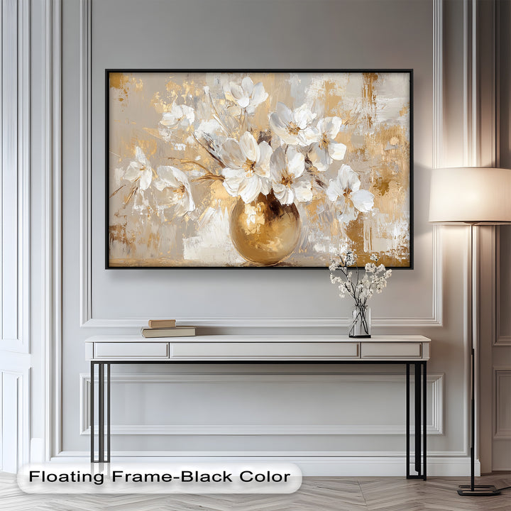 Golden Vase with White Florals – Flower Oil Painting
