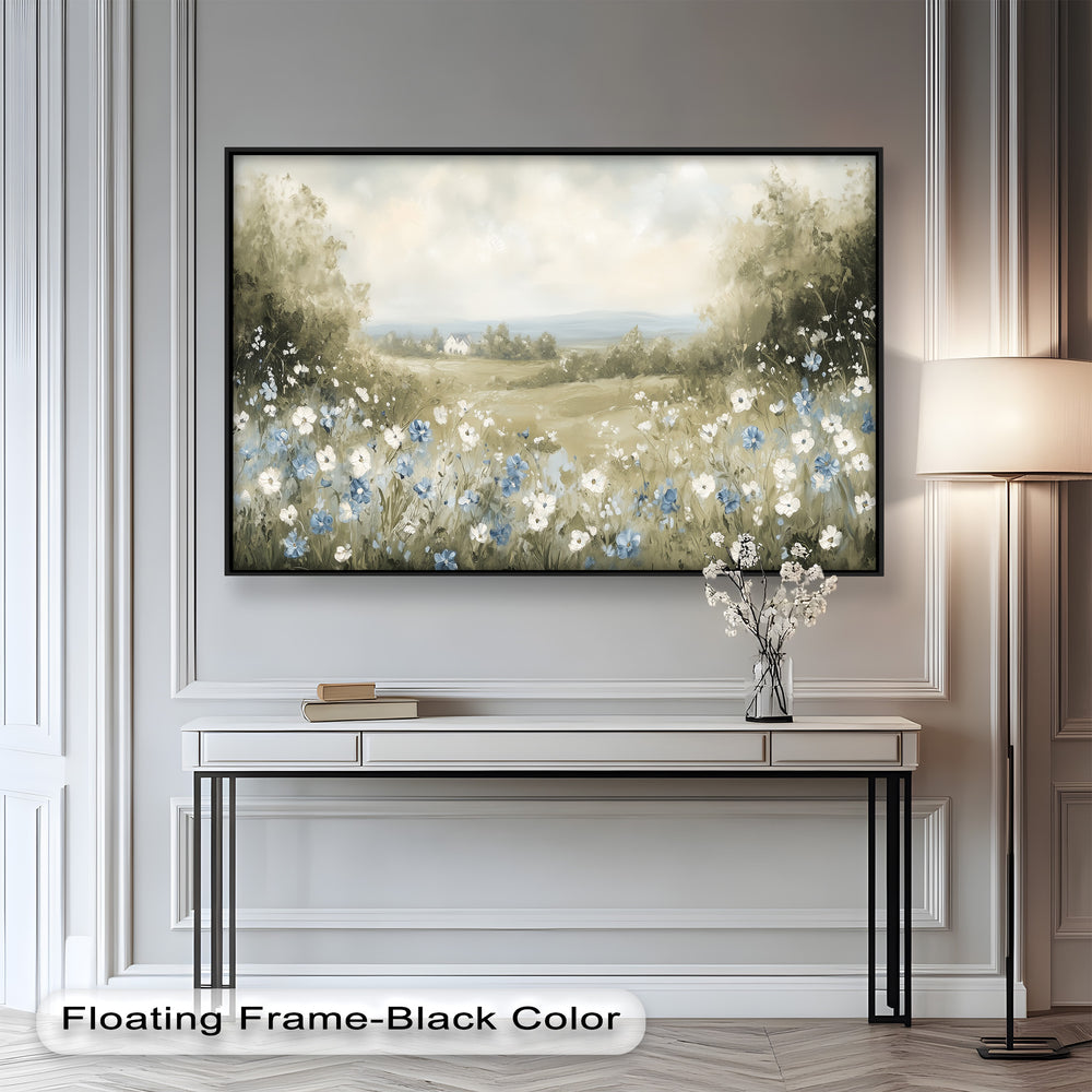 Soft pastel tones color a peaceful field of wildflowers, with a distant cottage nestled among rolling hills.