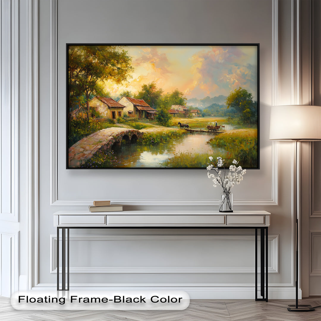 Step into a serene countryside setting with this exquisite oil painting, featuring a rustic village at sunset, a stone bridge over a peaceful river, and a horse-drawn cart. The warm golden hues and lush greenery create a nostalgic, timeless charm, making it a perfect addition to your home décor.

