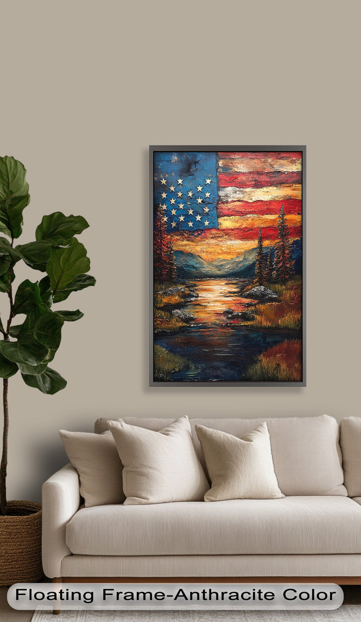 Amerikanische Flagge Sonnenuntergang Landschaft - Patriotisches Ölgemälde