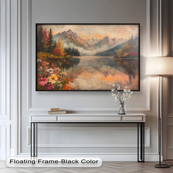 A timeless oil painting-style landscape portraying the peaceful harmony of mountains, forests, and water, creating a dreamy and immersive atmosphere.