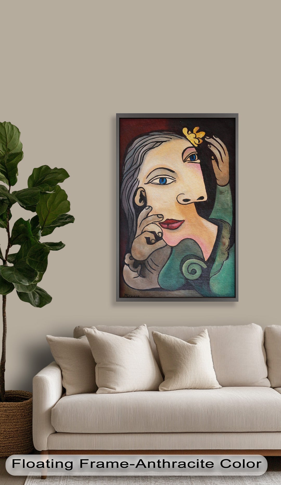 Whimsical Bloom – Surreale Frau mit gelber Blume Picasso Ölgemälde