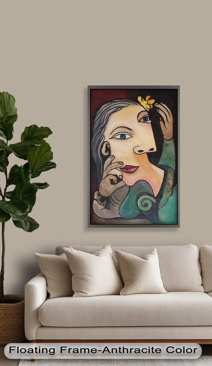 Whimsical Bloom – Surreale Frau mit gelber Blume Picasso Ölgemälde