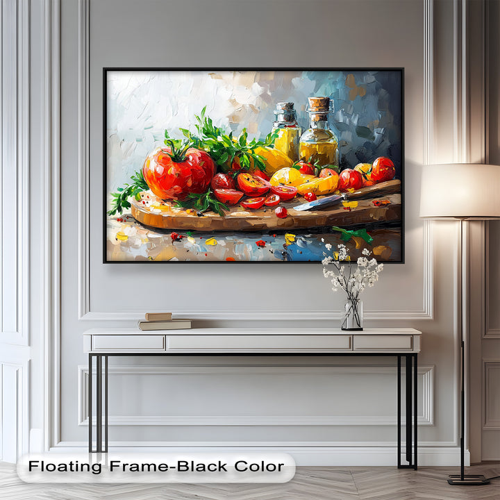 A lively composition of vegetables and oils, this painting celebrates the beauty of natural ingredients in a rustic, inviting setting.

