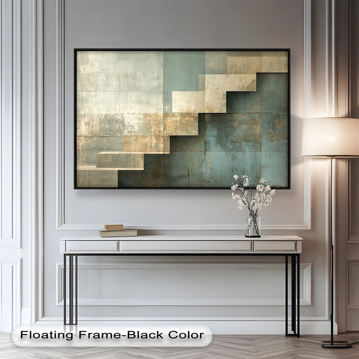 Contemporary architectural artwork with ascending forms and rustic finishes.
