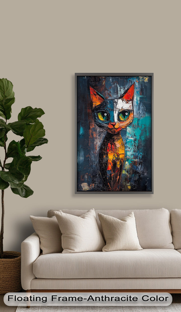Abstraktes Katzenportrait mit Neonfarben - Tierölgemälde