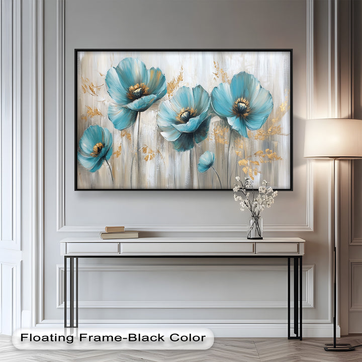 Blue Poppies with Metallic Accents - Flower Oil Painting