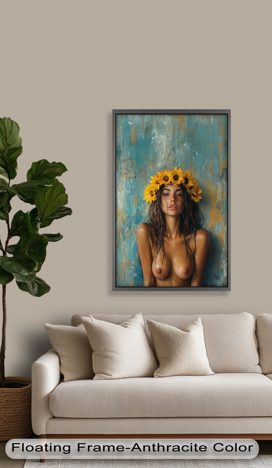 Sun-Kissed Solstice – Woman with Sunflower Crown Abstract Oil Painting