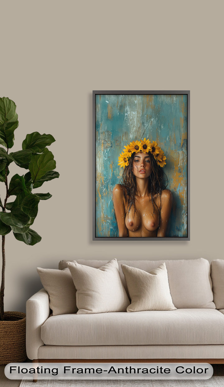Sun-Kissed Solstice – Woman with Sunflower Crown Abstract Oil Painting