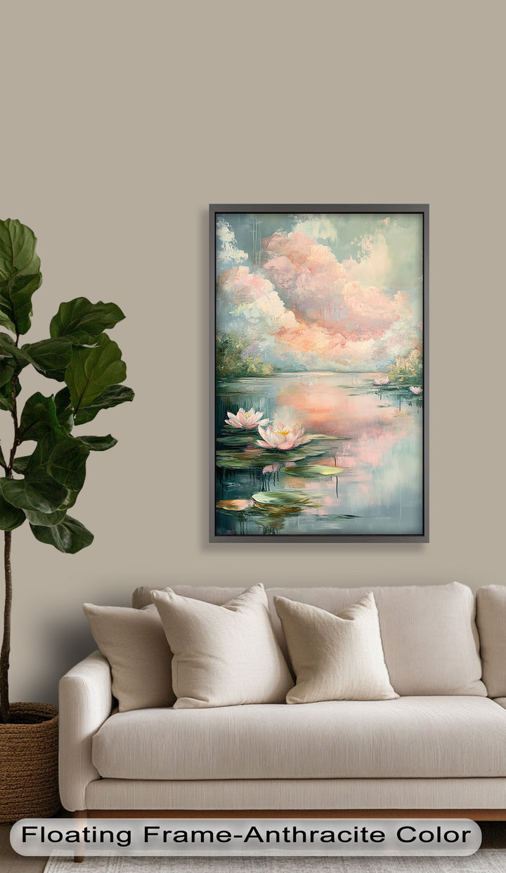 Pastel Water Lilies in Tranquil Lake - Flower Oil Painting