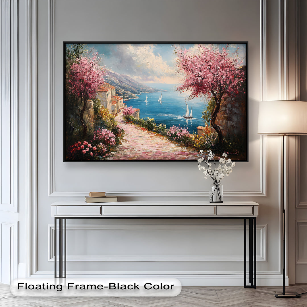 Expressive brushstrokes and a harmonious palette of blues, pinks, and earthy tones evoke the romance of a timeless Mediterranean retreat, where nature and the sea meet in perfect balance.