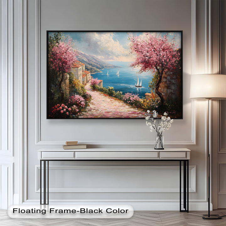 Expressive brushstrokes and a harmonious palette of blues, pinks, and earthy tones evoke the romance of a timeless Mediterranean retreat, where nature and the sea meet in perfect balance.