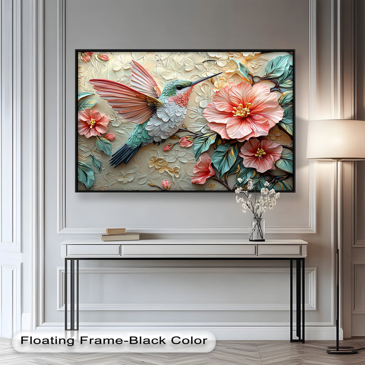 Spring Hummingbird with Pink Flowers – Framed Oil Painting