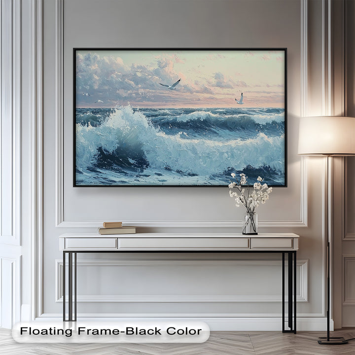 This vibrant seascape painting captures powerful ocean waves crashing beneath a pastel sky, with seagulls soaring above in graceful motion.