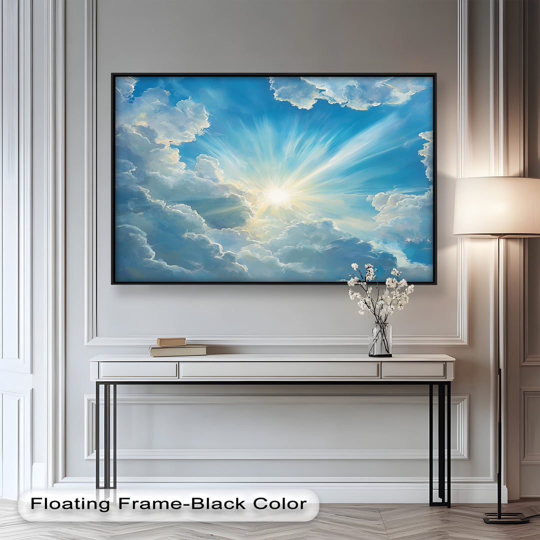 Illuminate your space with the breathtaking beauty of this radiant sky oil painting. The soft, billowing clouds and golden sunbeams create a mesmerizing celestial atmosphere. This framed oil painting is perfect for adding a sense of light, hope, and serenity to your home.