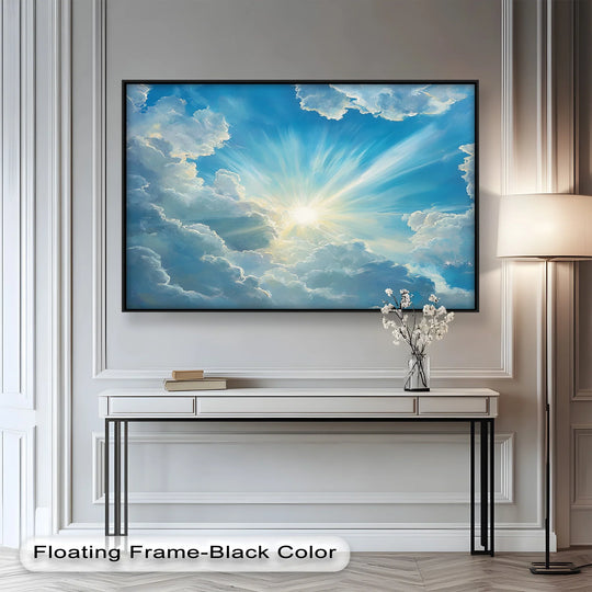 The realistic detail captures the breathtaking oil painting wall art of heavenly clouds and radiant sun, showcasing a luminous sky with a sunburst effect.