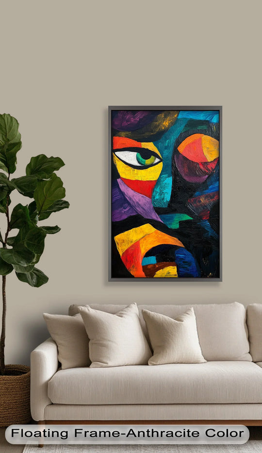 Bold color contrast defines this Fauvism oil painting art prints, featuring an abstract eye expression rendered with vibrant hues and geometric shapes.