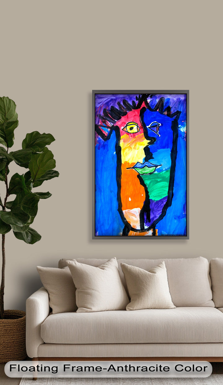 A dynamic abstract portrait with a spiked hairstyle, vivid color blocking, and asymmetrical facial features.