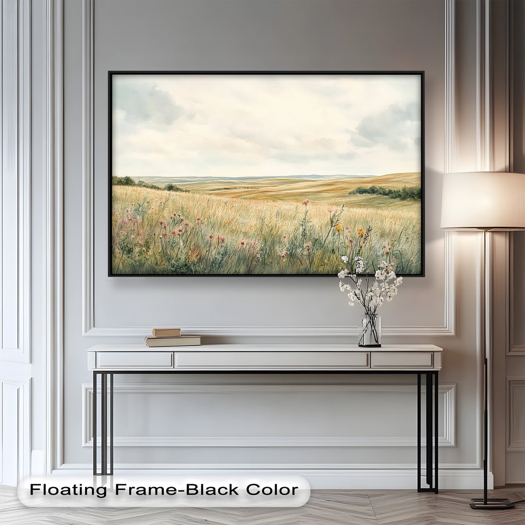 A dreamy depiction of rural fields in early spring or late summer, with natural tones and light clouds on the horizon.