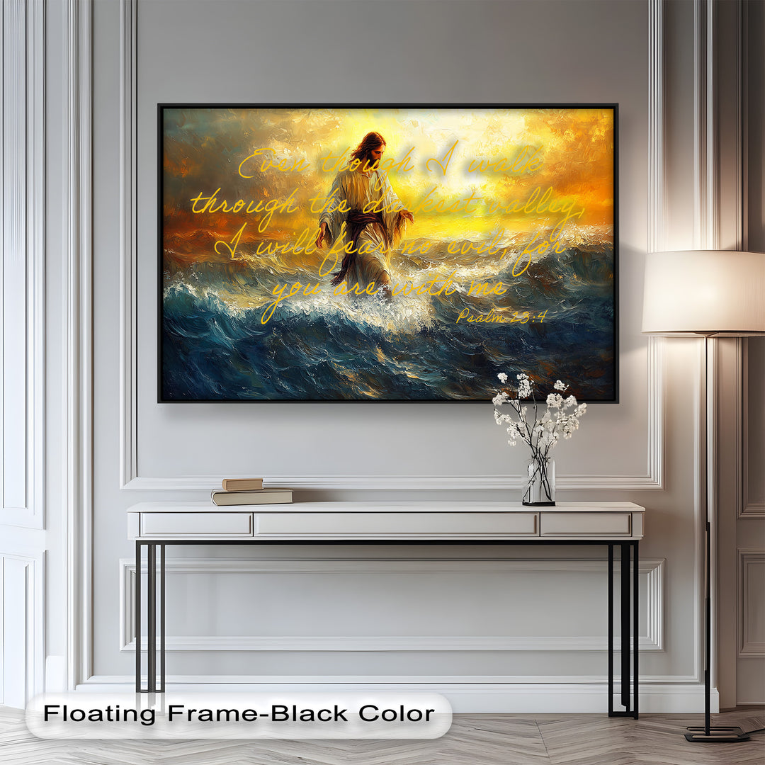 Spiritual artwork of Christ in a golden seascape.
