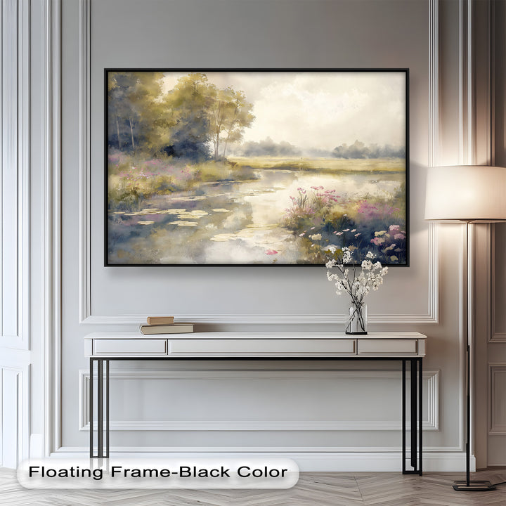 Soft Floral Riverside Wall Art – Romantic Nature Oil Painting