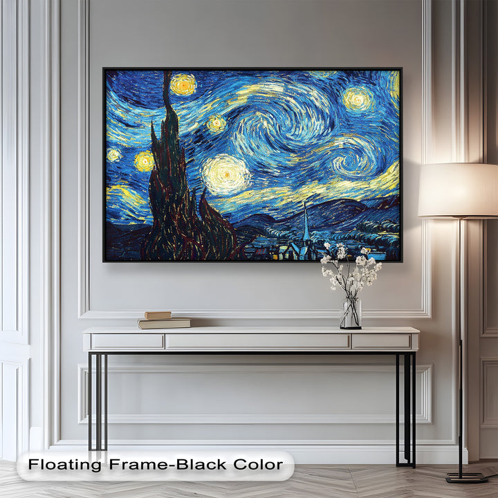 Dramatic blue and gold sky painted with energetic brushwork, contrasting a dark cypress and rooftops below.

