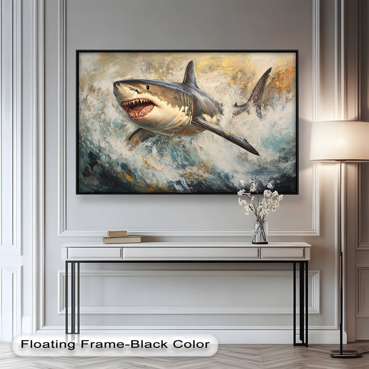 Ferocious Great White Shark Leaping Through Waves - Animal Oil Painting