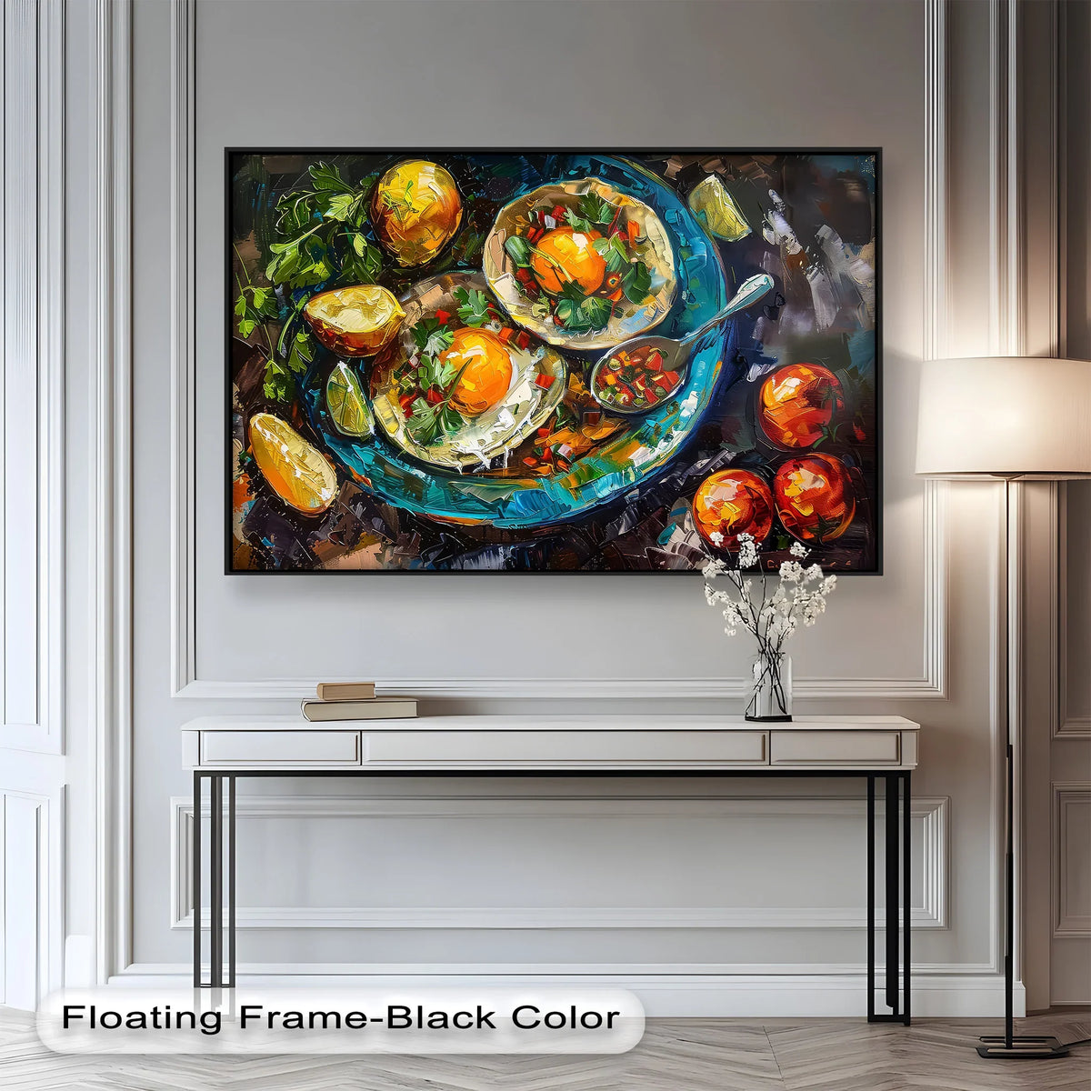 Dominant in vibrant shades, this colorful breakfast food painting is a stunning example of oil painting wall art, depicting eggs, citrus, and herbs.