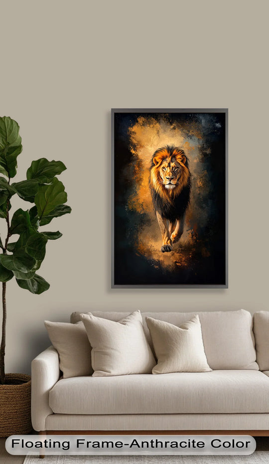 Warm color temperature radiates from the fierce lion in this animal oil painting wall art, set against a fiery abstract backdrop.