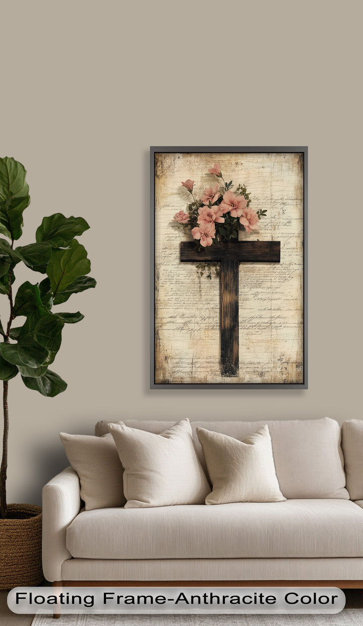 Holzkreuz mit rosa Blüten - Christliches Ölgemälde