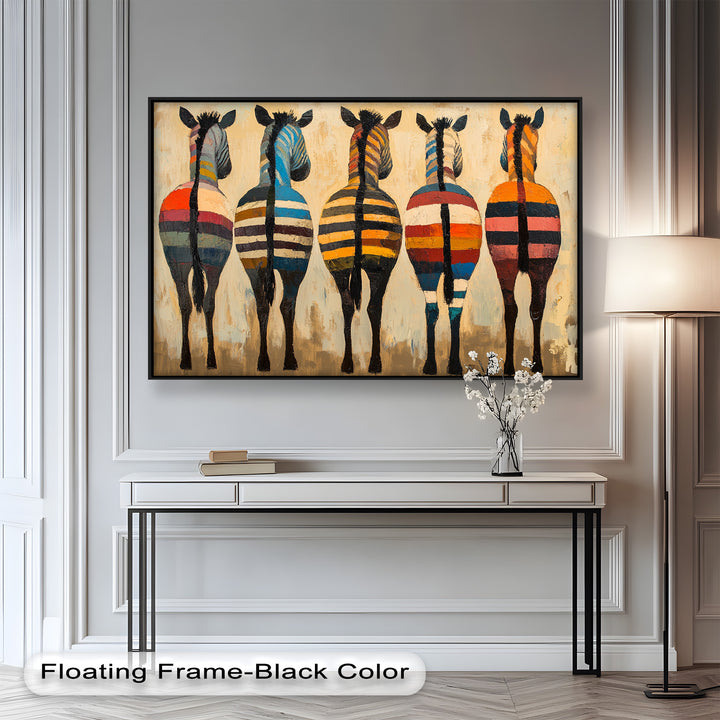 Five Colorful Zebras with Bold Stripes – Animal Oil Painting
